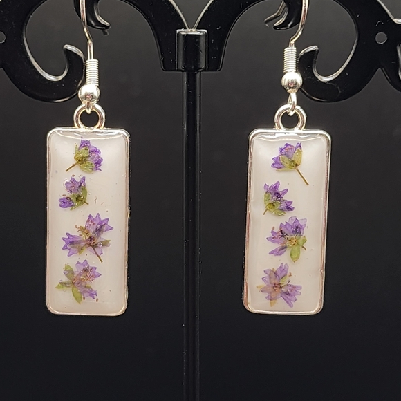 Real Pressed Purple Flower Rectangular Earrings - Picture 4 of 4